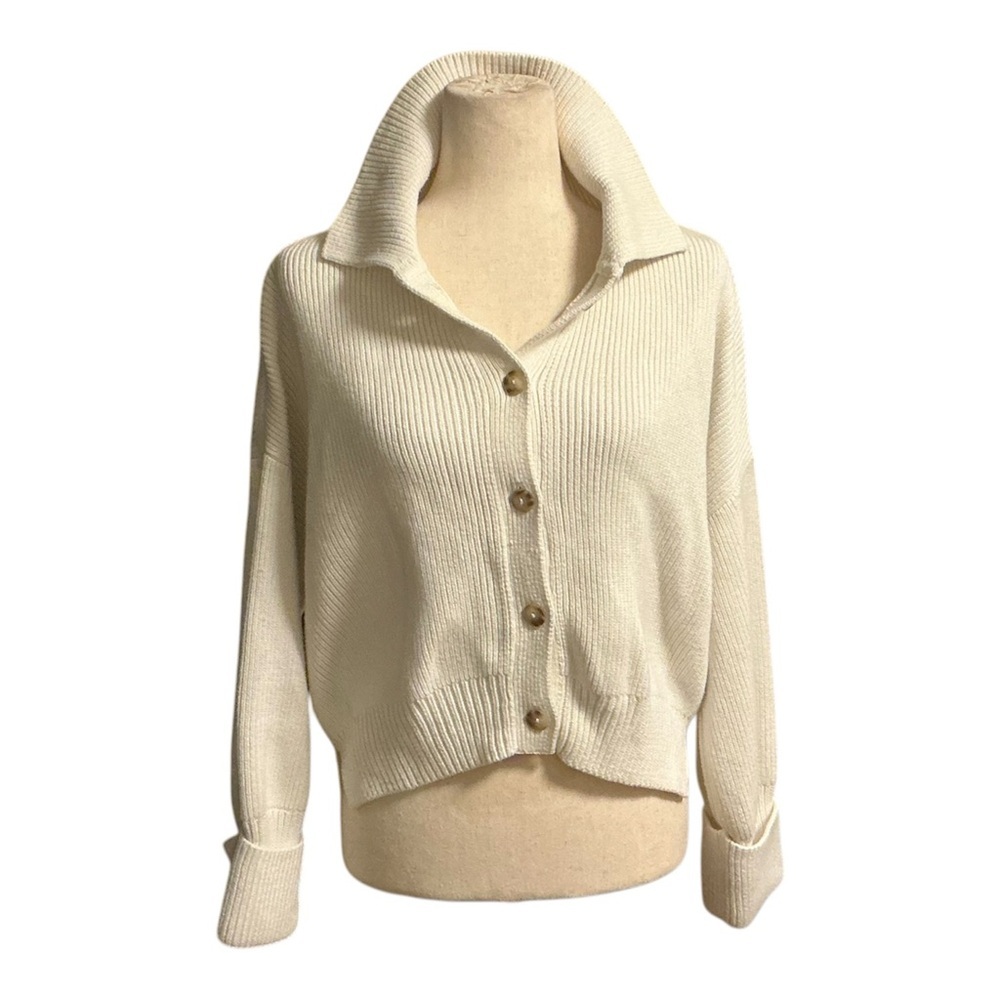 Abercrombie & Fitch Cream Ribbed Button-Front Cardigan | Sz L - Picture 2 of 7